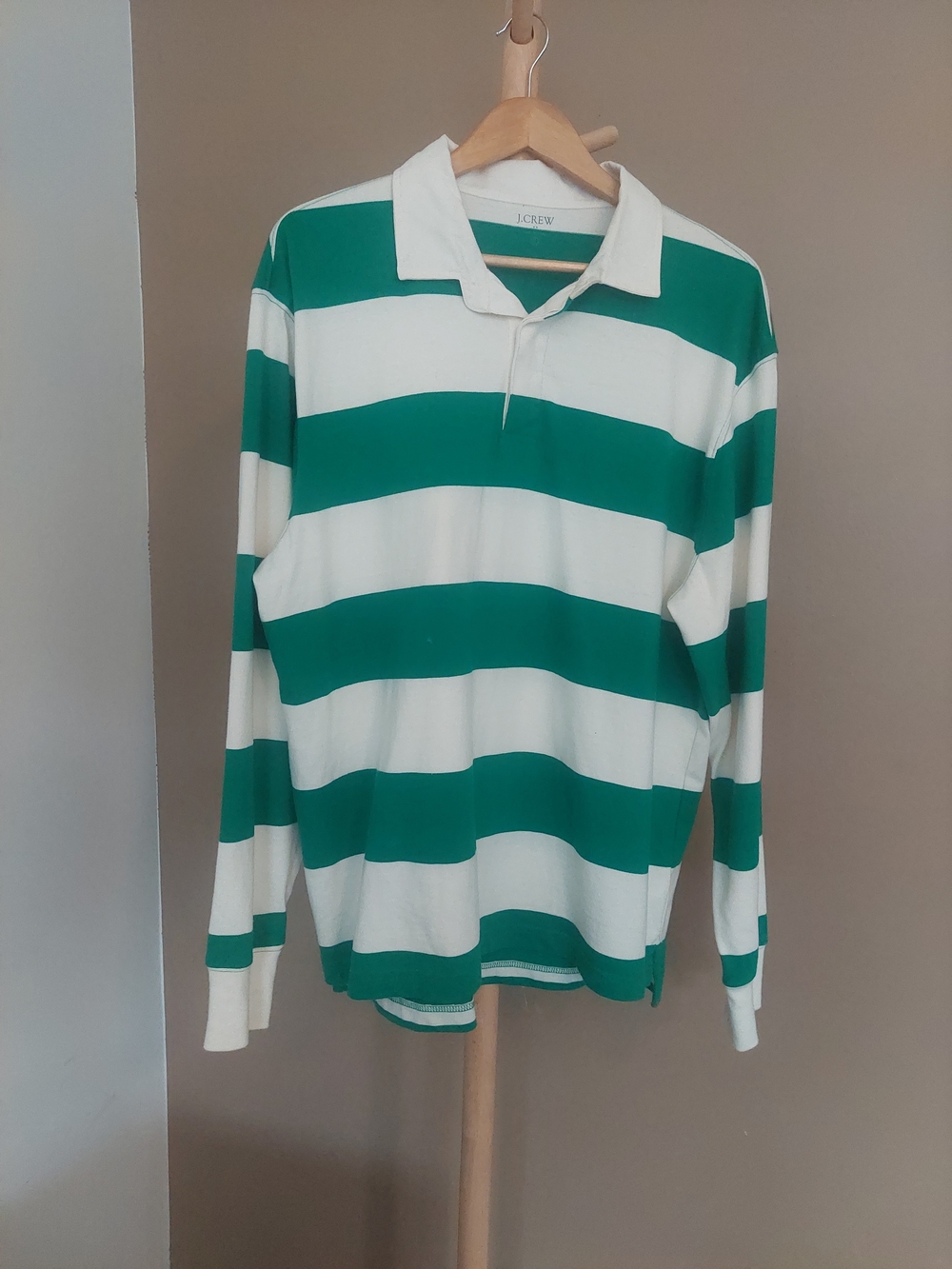 J. Crew Green and White Striped Rugby Shirt